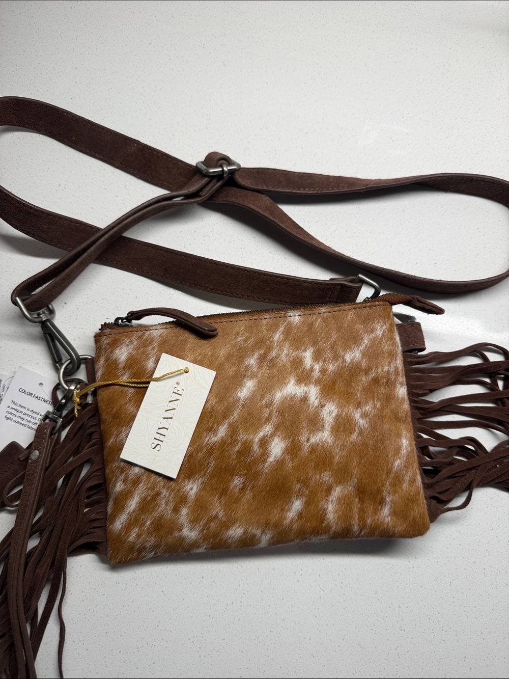 NWT Shyanne Brown and White Cowhide Fringe Crossbody Bag